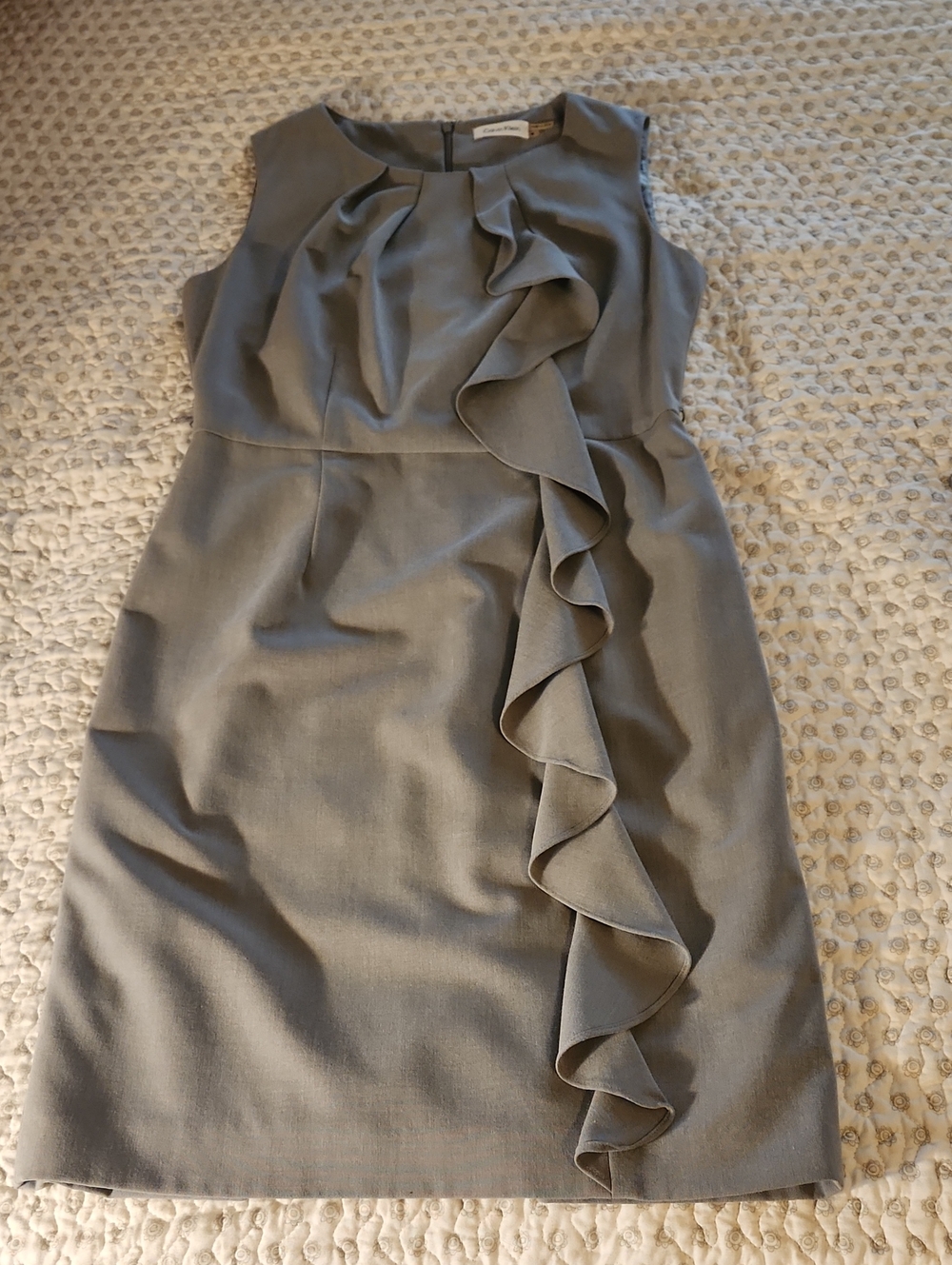 Calvin Klein Sleeveless Gray Ruffle Sheath Dress
